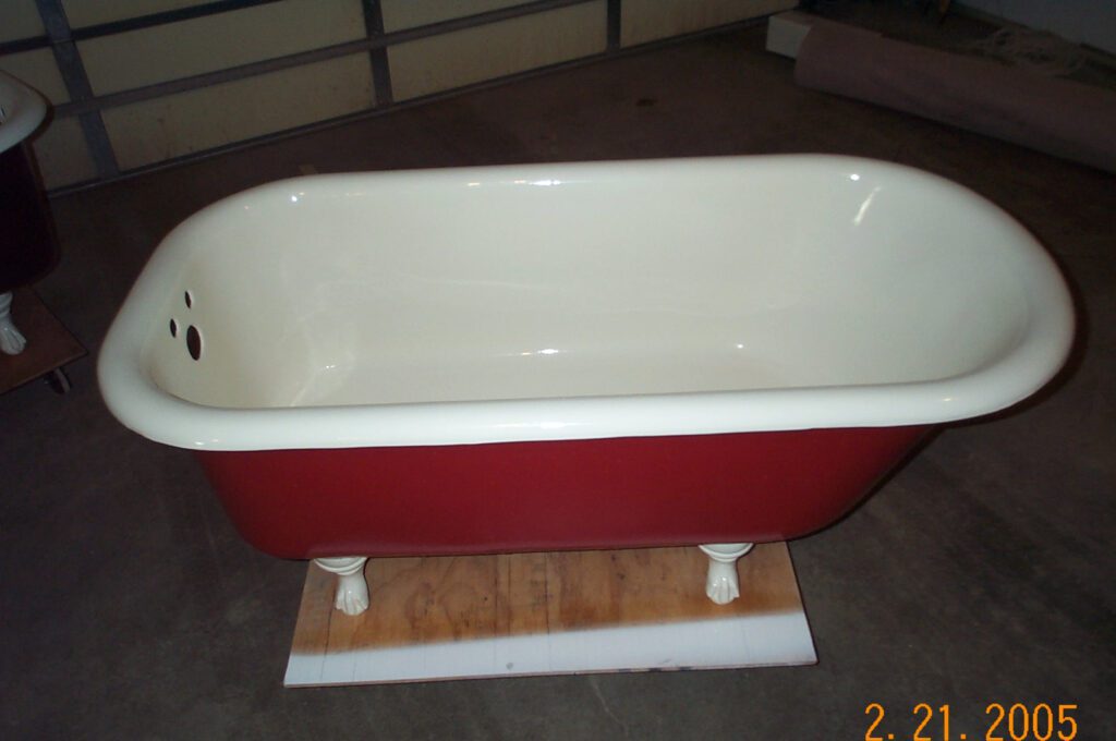 A bathtub with a red exterior